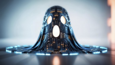 A circuit patterned ghost glowing in blue on a light background. AI generated