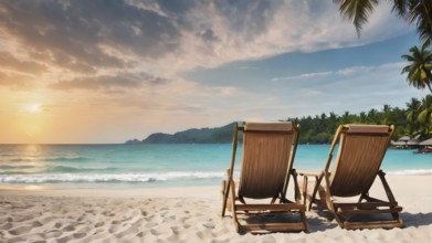 Pair of beach chairs seaside art print, holiday concept poster symbolizing companionship,