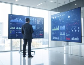 A businessman reviewing financial data on digital screen, representing investment planning,