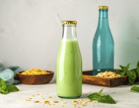 Green smoothie in glass jar with straw and fruits, symbolizing health, wellness, nutrition, and