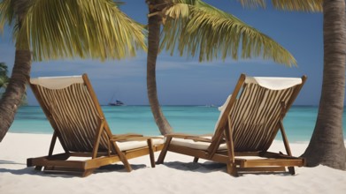Pair of beach chairs seaside art print, holiday concept poster symbolizing companionship,