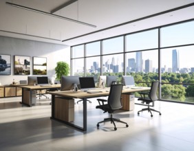 Modern coworking space with laptops, coffee cups, and plants in daylight, reflecting creativity,