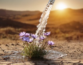 Symbolizing hope and resilience, a flower thrives in a dry desert landscape, nourished by water