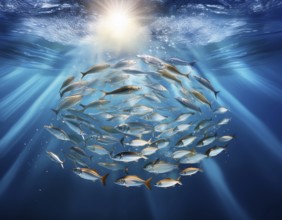 Vivid underwater view of a fish school forming a natural pattern in clear blue ocean water,