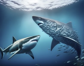Dramatic underwater depiction of a shark observing a dense school of fish in clear, light-filled