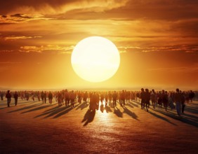 A group of individuals walks along the ground, silhouetted by a large setting sun, creating a
