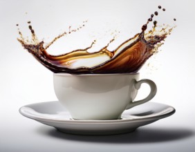 A visually dynamic splash of coffee leaping out of a sleek white cup, embodying energy and motion