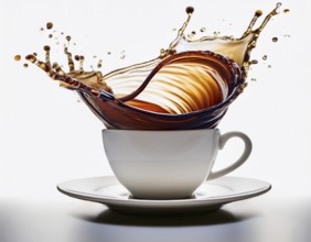 A visually dynamic splash of coffee leaping out of a sleek white cup, embodying energy and motion