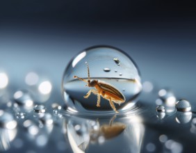 A close-up artistic depiction of a insect inside a water droplet, floating on ripples. Evoking