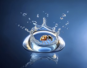 A close-up artistic depiction of a insect inside a water droplet, floating on ripples. Evoking