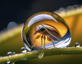 A close-up artistic depiction of a insect inside a water droplet, floating on ripples. Evoking