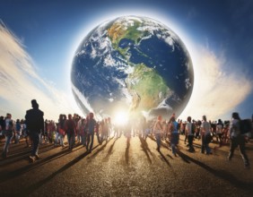 A diverse group of people walk toward a glowing depiction of Earth, symbolizing global unity. The