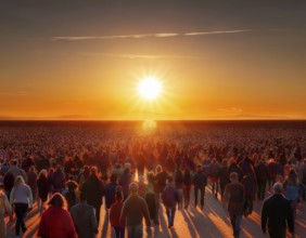 A group of individuals walks along the ground, silhouetted by a large setting sun, creating a