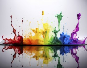 A vivid and dynamic display of multicolored paint splashing in motion against a pristine white