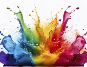 A vivid and dynamic display of multicolored paint splashing in motion against a pristine white