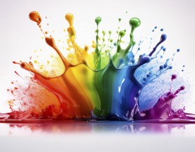 A vivid and dynamic display of multicolored paint splashing in motion against a pristine white