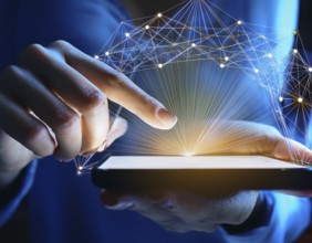 A close-up of a hand using a smartphone with a glowing digital network overlay, illustrating