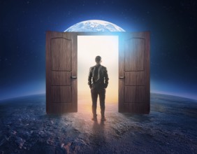 Illuminating image of a man before a radiant doorway, symbolizing exploration, opportunity, and