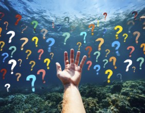 An extended hand emerges from water surrounded by floating question marks, artistically