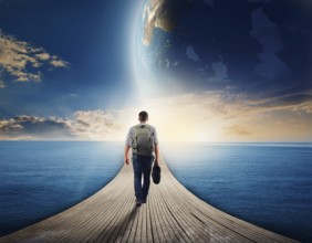 Man walking to new better world of hope and bright future, AI generated