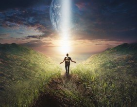 Concept Spirituality, Afterlife, Light Energy, Transcendence, Reality. Soul transcends through