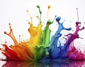 A vivid and dynamic display of multicolored paint splashing in motion against a pristine white