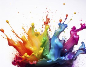 A vivid and dynamic display of multicolored paint splashing in motion against a pristine white