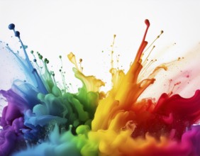 A vivid and dynamic display of multicolored paint splashing in motion against a pristine white