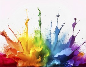 A vivid and dynamic display of multicolored paint splashing in motion against a pristine white