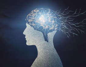 A creative representation of a human head silhouette incorporating an illuminated brain. The image