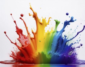 A vivid and dynamic display of multicolored paint splashing in motion against a pristine white