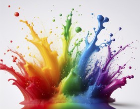 A vivid and dynamic display of multicolored paint splashing in motion against a pristine white