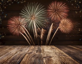 Elegant Fireworks Display Over Wooden Deck During Night Celebration, AI generated