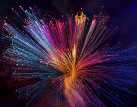 Glowing fiber-optic lights in vivid colors, creating a futuristic and dynamic visual effect, ideal