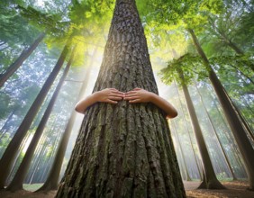 A pair of hands hugs a tree trunk in a sunlit forest, representing care for nature, environmental