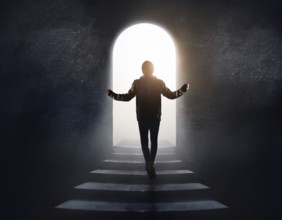 Man walking to new better world of hope and bright future, AI generated