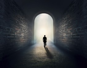 Man walking to new better world of hope and bright future, AI generated