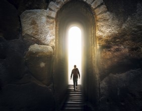 Man walking to new better world of hope and bright future, AI generated