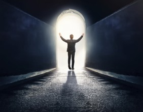 Man walking to new better world of hope and bright future, AI generated