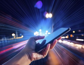 Hand holding a smartphone with a blank screen above a motion-blurred, colorful light background, AI