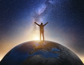 A man stands victoriously atop the Earth amidst a surreal cloudscape, symbolizing triumph over