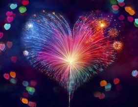 Colorful artistic display featuring vibrant light patterns shaped like a heart, expressing love and