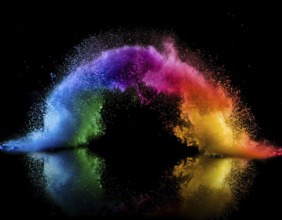 Vibrant and energetic multicolored powder explosion captured against a dark background. Evoking