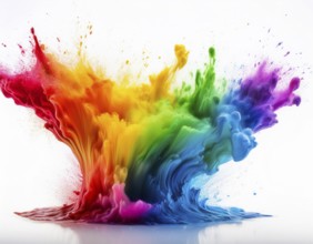 A vivid and dynamic display of multicolored paint splashing in motion against a pristine white
