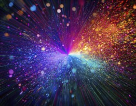 Vibrant and energetic multicolored powder explosion captured against a dark background. Evoking