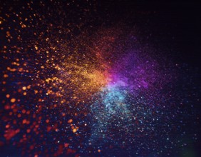 Vibrant and energetic multicolored powder explosion captured against a dark background. Evoking