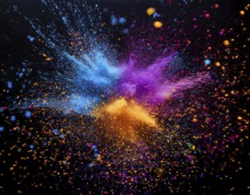 Vibrant and energetic multicolored powder explosion captured against a dark background. Evoking