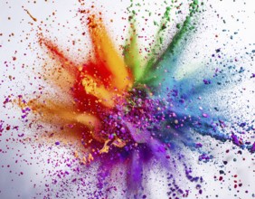 Vibrant and energetic multicolored powder explosion captured against awhite background. Evoking