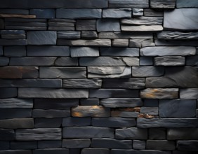 Rugged dark stone bricks arranged in a detailed pattern, showcasing texture and subtle highlights,