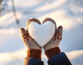 Serene winter scene showcasing hands in gloves holding a snow heart symbolizing love and warmth, AI